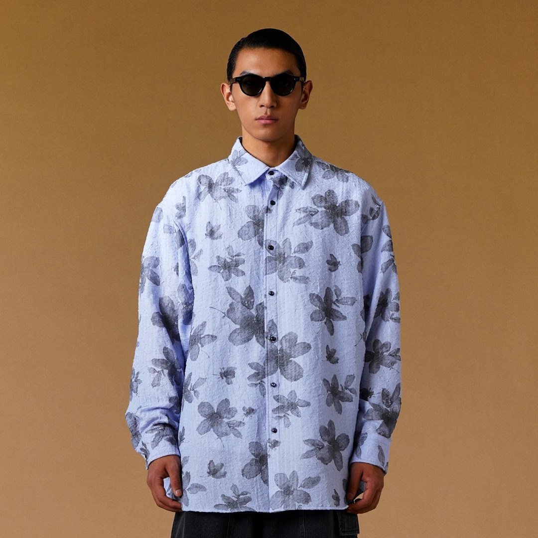 微褶皱 印花休闲长袖衬衣 3515