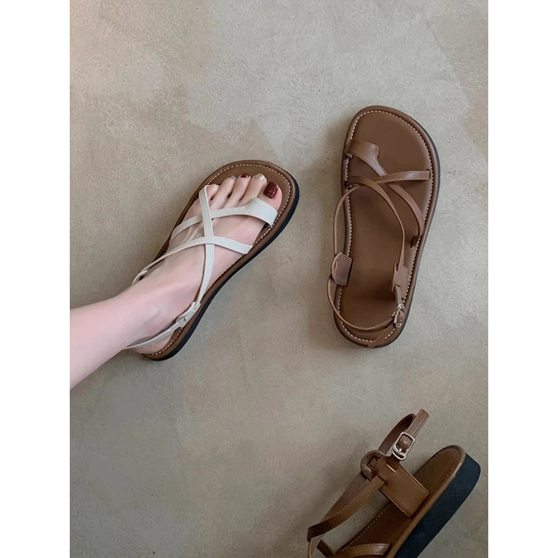 羊皮版~厚底休闲百搭交叉扣带套趾小众罗马气质凉鞋女夏外穿凉拖