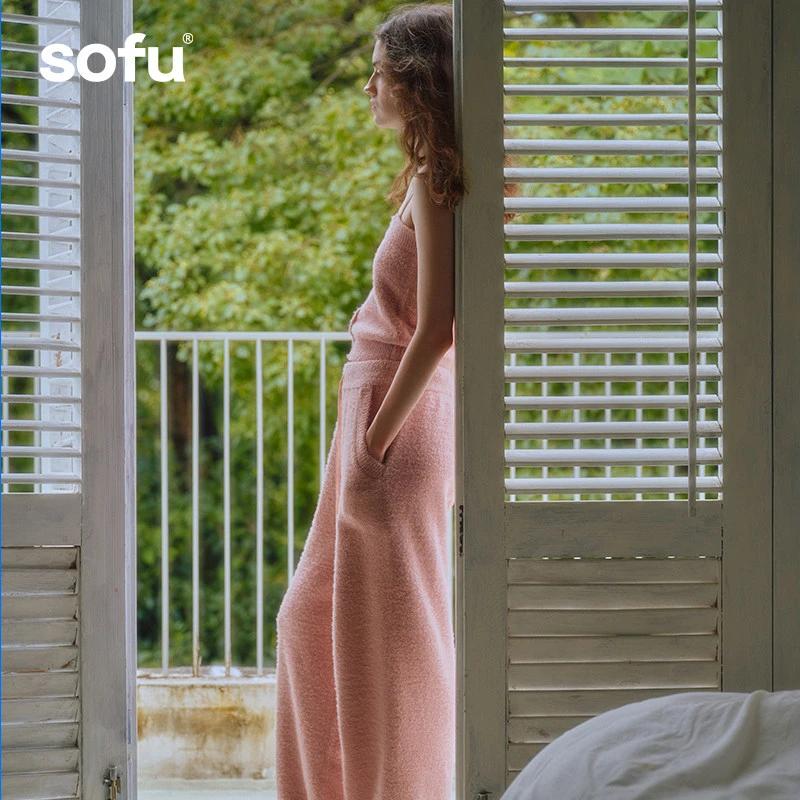 sofu软糯半边绒开衫+背心+长裤睡衣套装女家居服冬季加厚可外穿