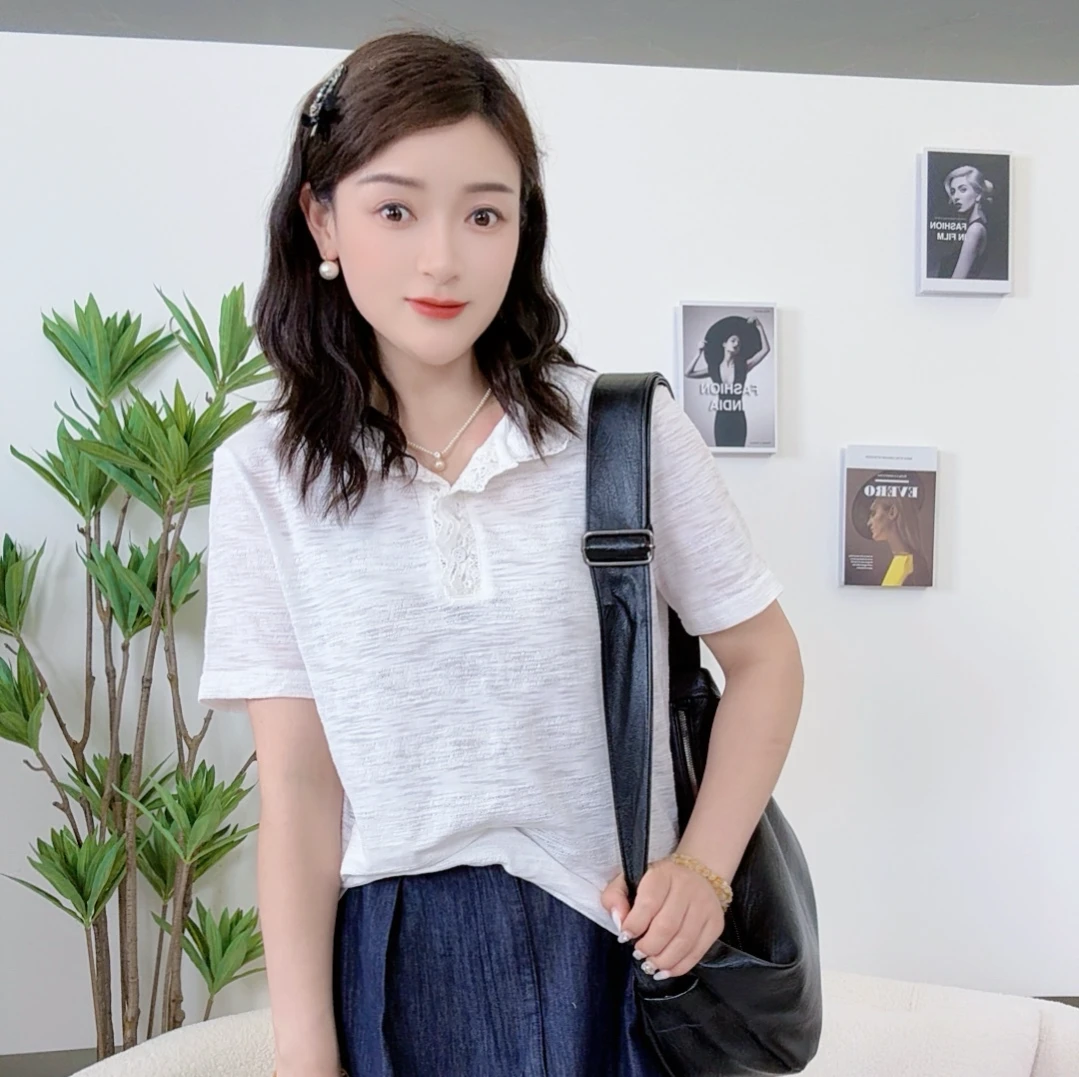 5351 丽丽--蕾丝拼接夏季欧洲站新款气质百搭显瘦打底上衣