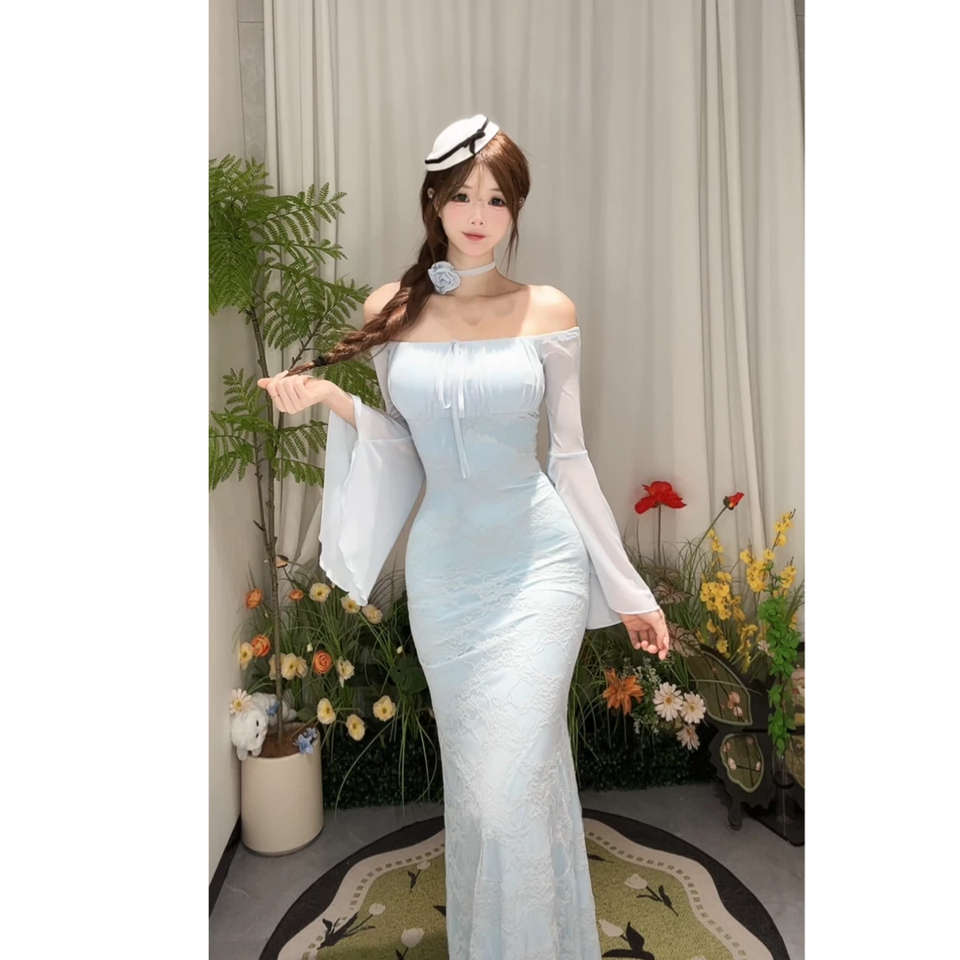 白白【花雾之谜】秋新款收腰显瘦喇叭袖纯色纯欲连衣裙LBBJL53191