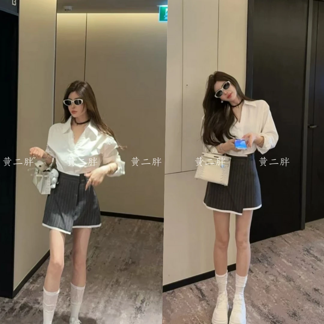 2025春季新款白衬衣泡菜订制蕾丝边白色衫+不规则条纹半裙套装