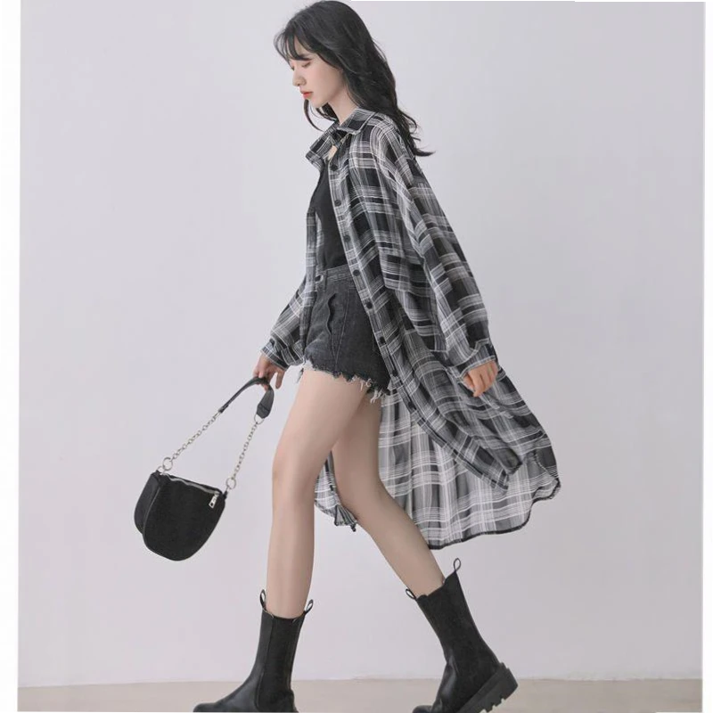 2025爆款衣女外穿优质格子夏季长款外套港味复古宽松薄款衬衫外