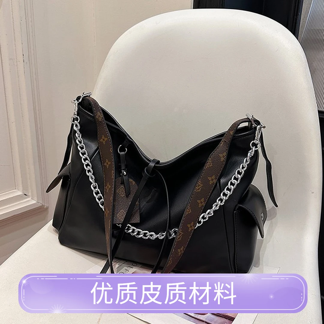 轻奢复古大容量包包女士2025外贸老花双口袋通勤斜挎包单肩托特包