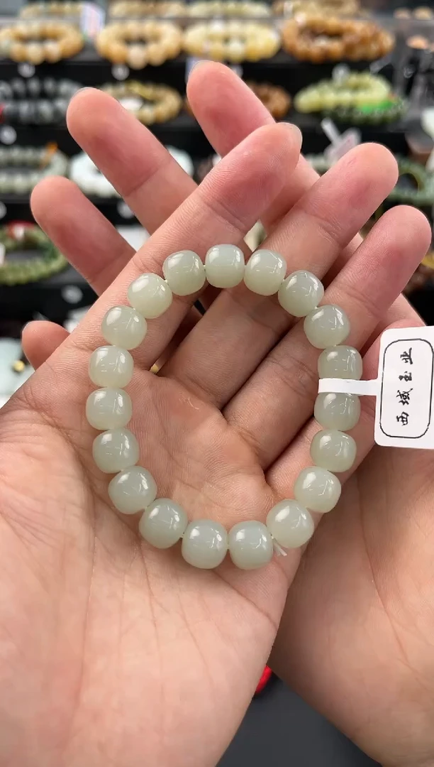 手串未镶嵌和田玉且末青白老型珠手串卡10微色差