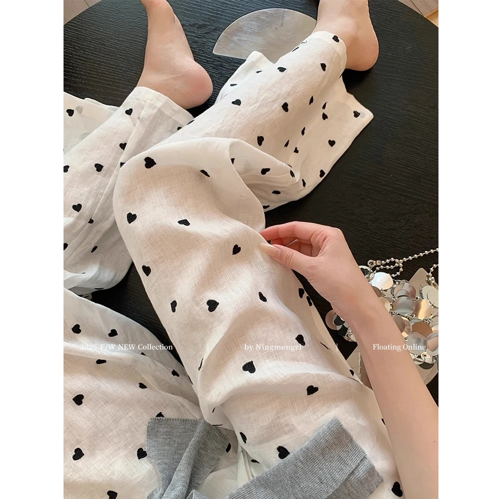 2025夏季新款韩系慵懒风白色爱心刺绣减龄百搭显瘦直筒休闲裤女