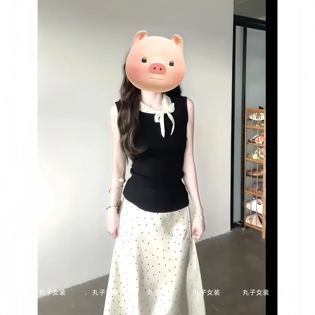 女装夏装套装2025新款爆款法式高级感撞色无袖上衣显瘦波点半身裙