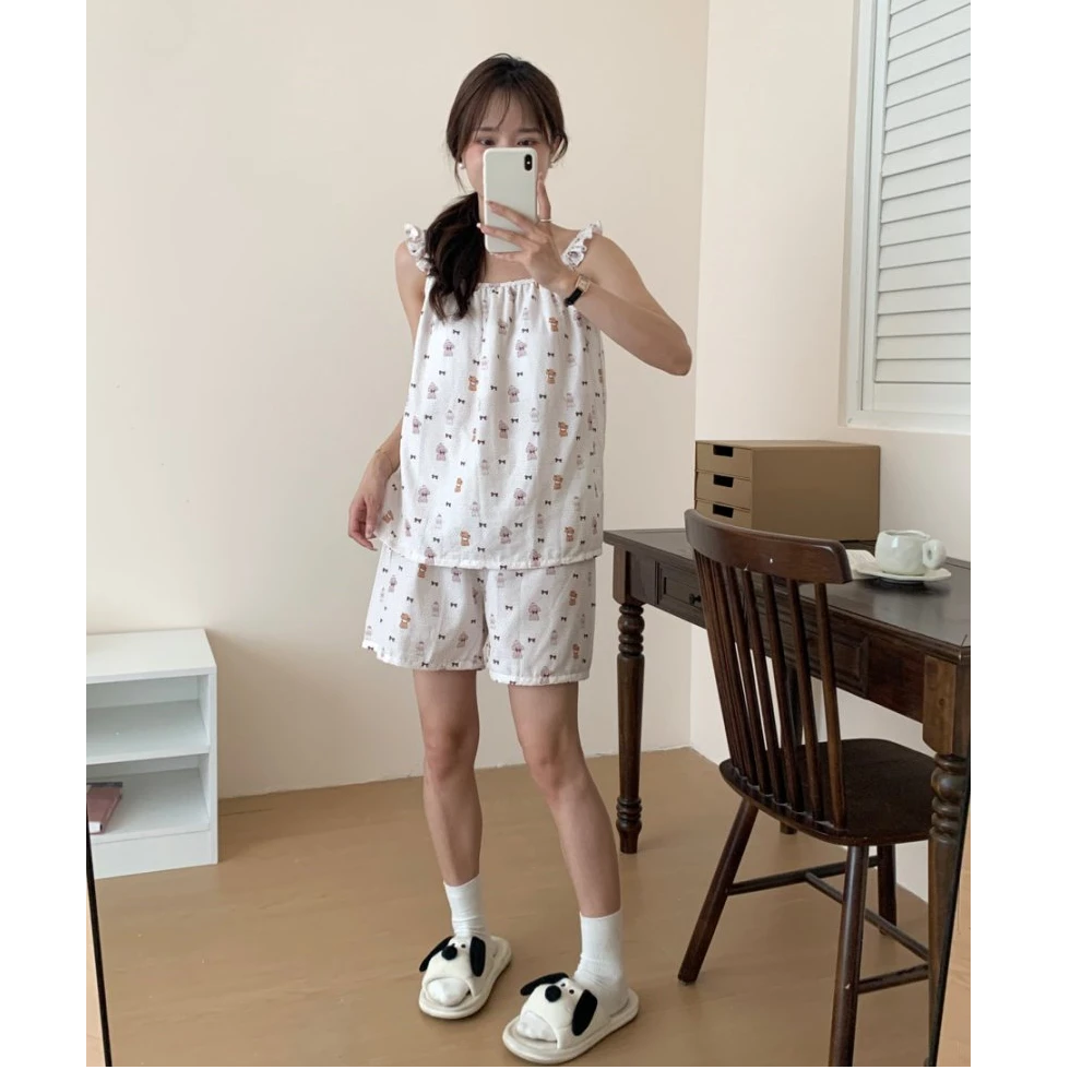 【无袖短裤】女款自带胸垫双层纱小飞袖家居服套装