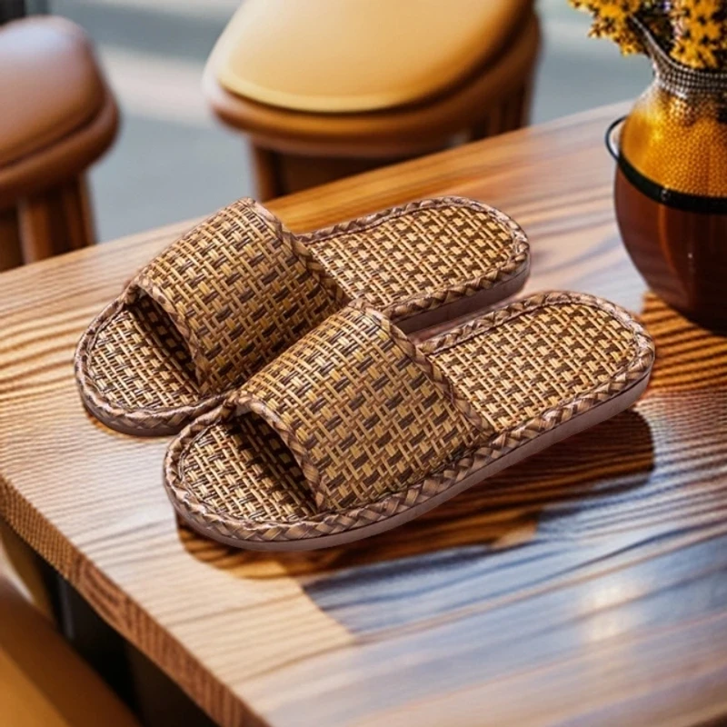 家用凉拖鞋男士夏季藤草编室内家居家亚麻防滑夏天女地板软底四季