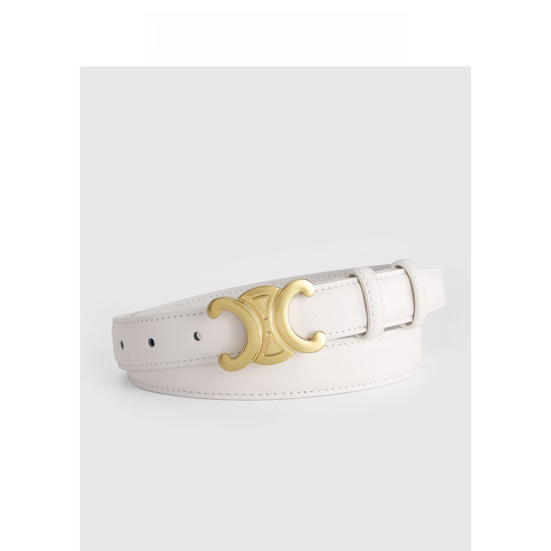 春夏女士皮带装饰配浅色裤子凯旋门白色真皮腰带女年轻人显瘦潮软