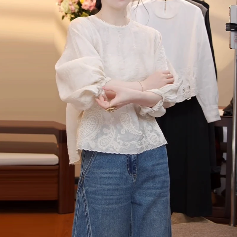 法式设计感灯笼袖套头衬衣女士2025秋季新款简约通勤气质百搭上衣