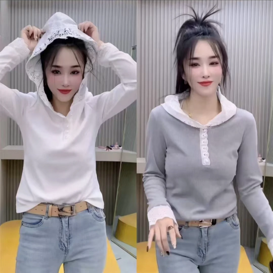 桃6520蕾丝拼接连帽长袖T恤百搭洋气修身上衣