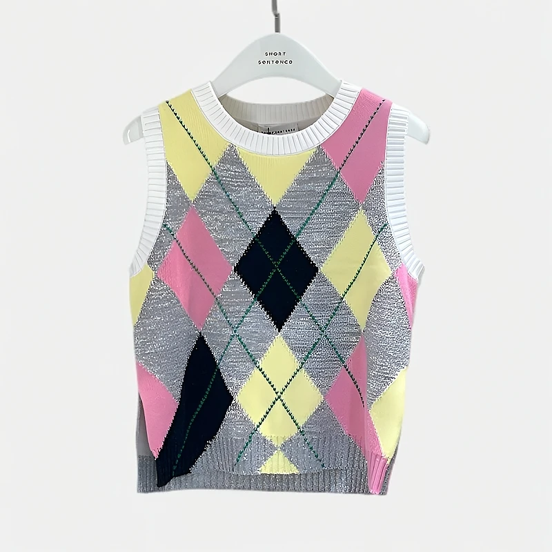 SHORT SENTENCE 25春夏 SKW47 彩色菱格开衩针织背心通勤