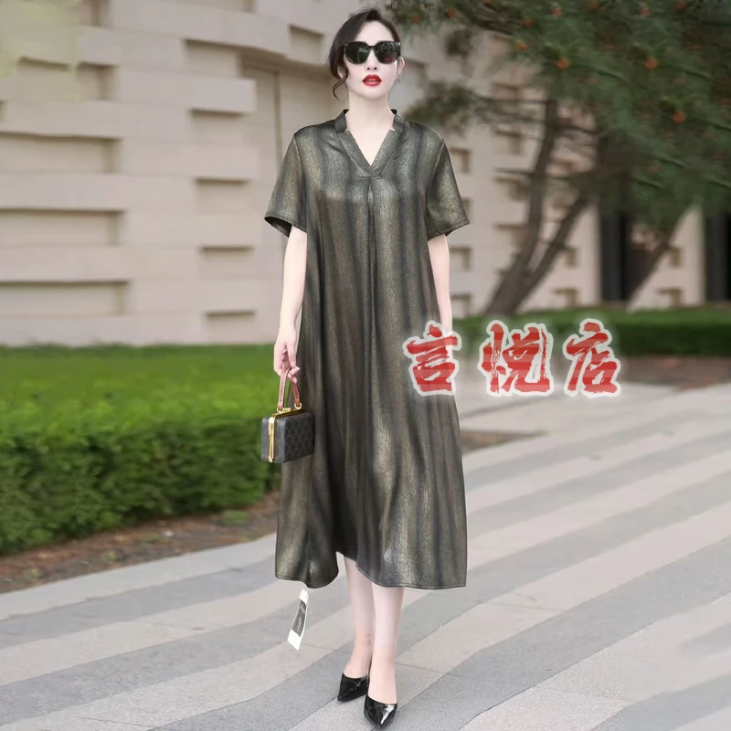 A75重磅真丝连衣裙夏季新款宽松大码遮肚显瘦桑蚕丝A字裙过膝长裙