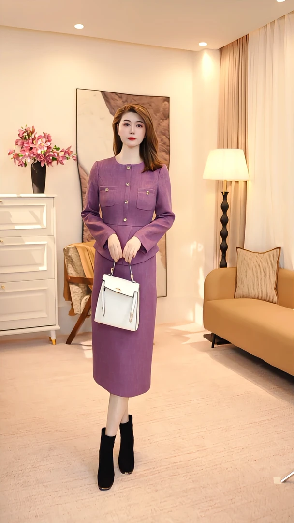 假两件圆领气质优雅百搭连衣裙时尚显瘦秋冬轻奢 86075