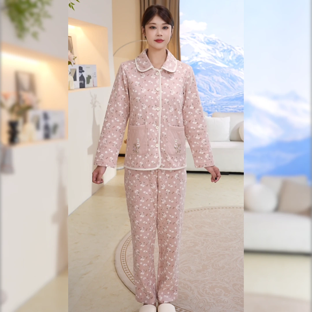 佐菲【暖冬夹棉】2025温柔粉翻领夹棉睡衣女士秋冬季冬天保暖家居服