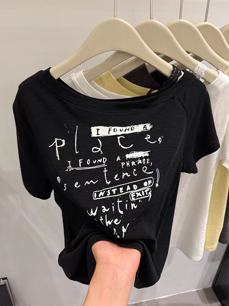 夏季韩版T恤斜肩蕾丝吊带显瘦露肩短款设计感百搭