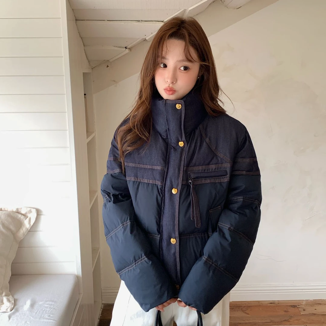2025秋冬新款韩版高级感牛仔拼接短款外套女新款气质宽松女羽绒服