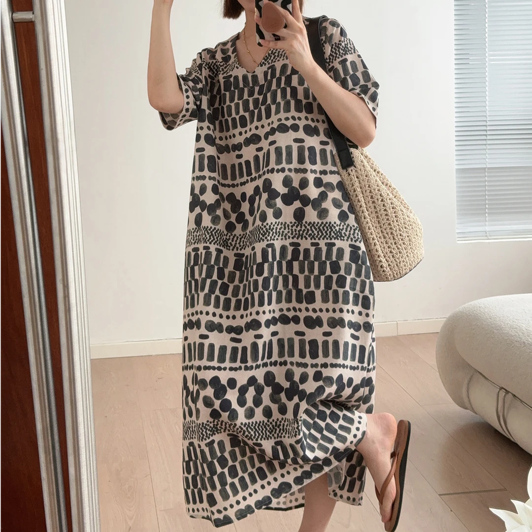 小众高级感裙子中式水墨印花亚麻V领短袖连衣裙女夏2025新款裙子