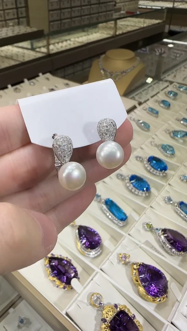 银S925镶嵌耳饰淡水珍珠10mm耳钉