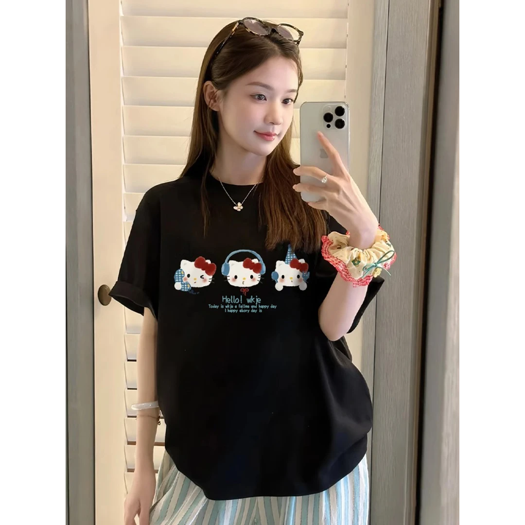 夏季新款美式复古纯棉短袖t恤女百搭休闲ins小众设计感印花上衣