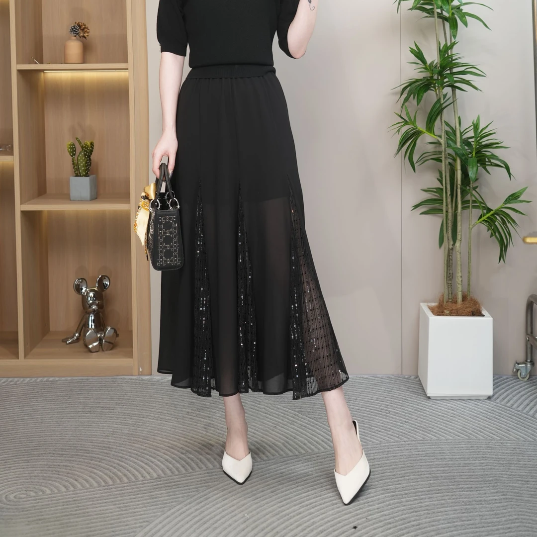 半身裙拼接网纱带闪2025新款蕾丝显瘦气质高腰时尚宽松夏季百搭