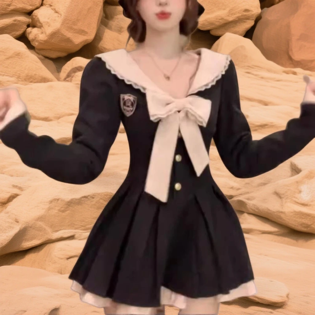 女装长袖学院风短裙拼接百褶连衣裙秋冬裙子减龄法式收腰气质显瘦