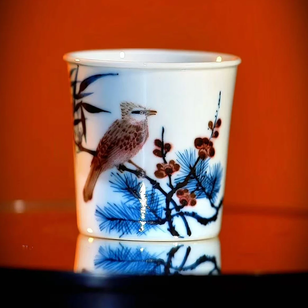 【细雨幽岚】青花釉里红竹林鸟可乐杯