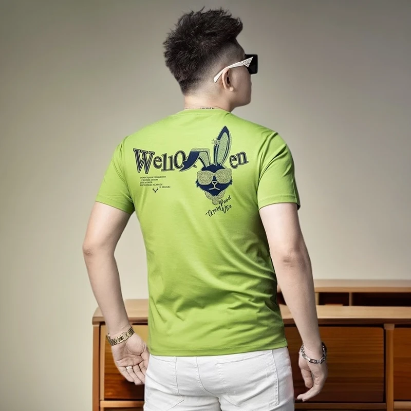 维斯克纳时尚潮牌烫钻印花短袖T恤男士新款夏季修身透气半袖衫