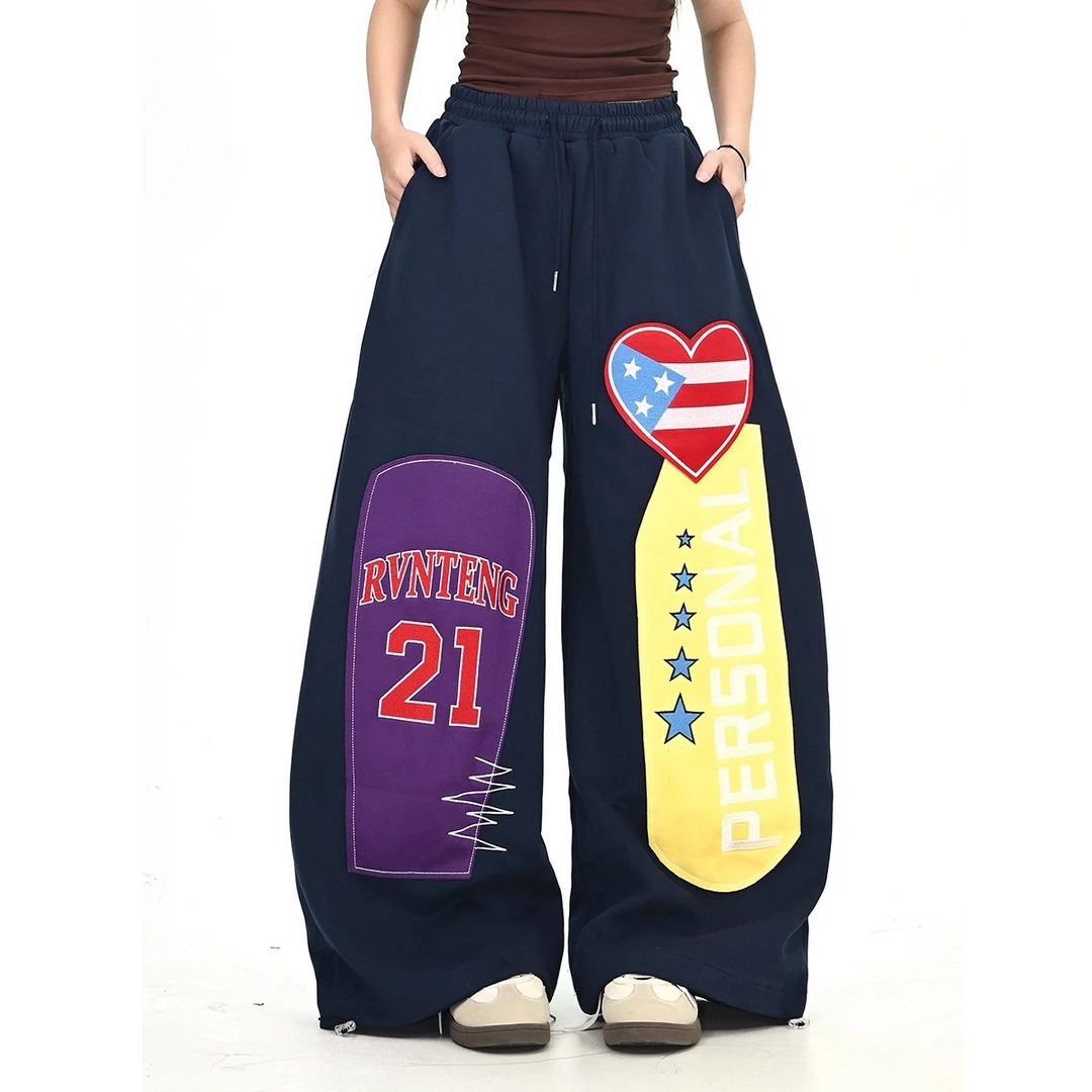 深蓝贴布爱心刺绣休闲裤女2025秋季新款宽松bf韩系运动卫裤