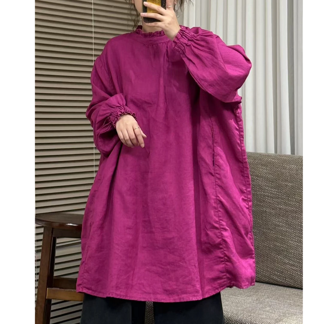 夏季纯亚麻木耳花边领高品质中长款纯色极简衬衫文艺