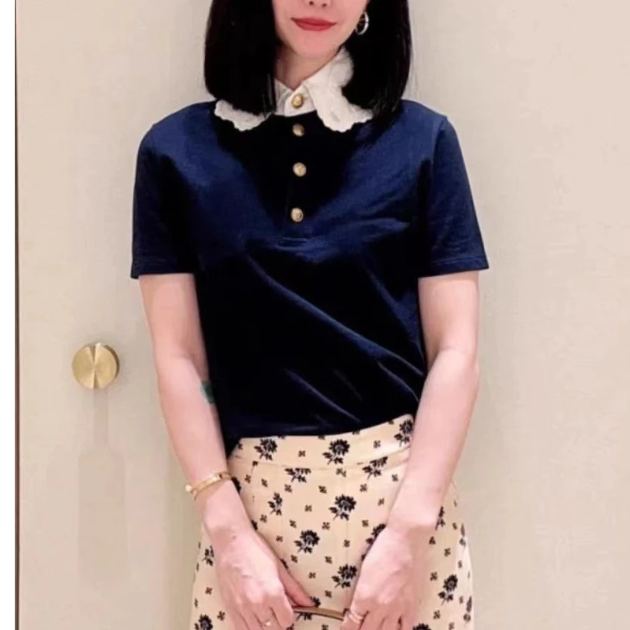 罗马高定25春夏新款精美重工刺绣彼得潘领棉质polo短袖T恤蓝色