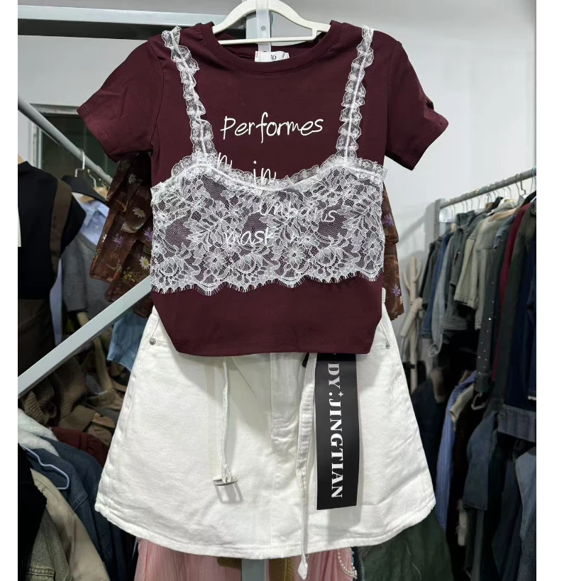 东大门新款设计款上T血上衣+白色牛仔裙套装带腰带