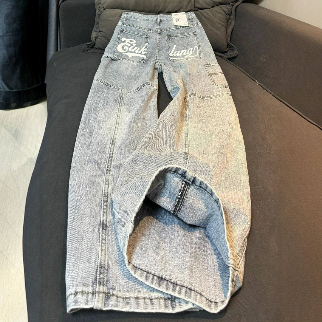 大码美式字母印花设计牛仔裤高腰水洗新款百搭显瘦设计感拖地长裤