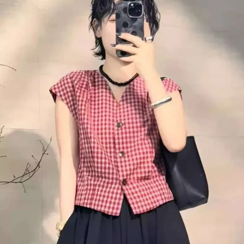 复古格子v领无袖衬衫2025新款女夏季宽松拼色衬衣气质小飞袖上衣