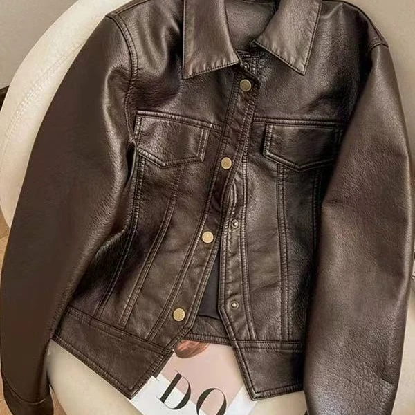定制款荔枝纹超有型翻领皮衣女2025春季新款休闲皮衣外套女8869
