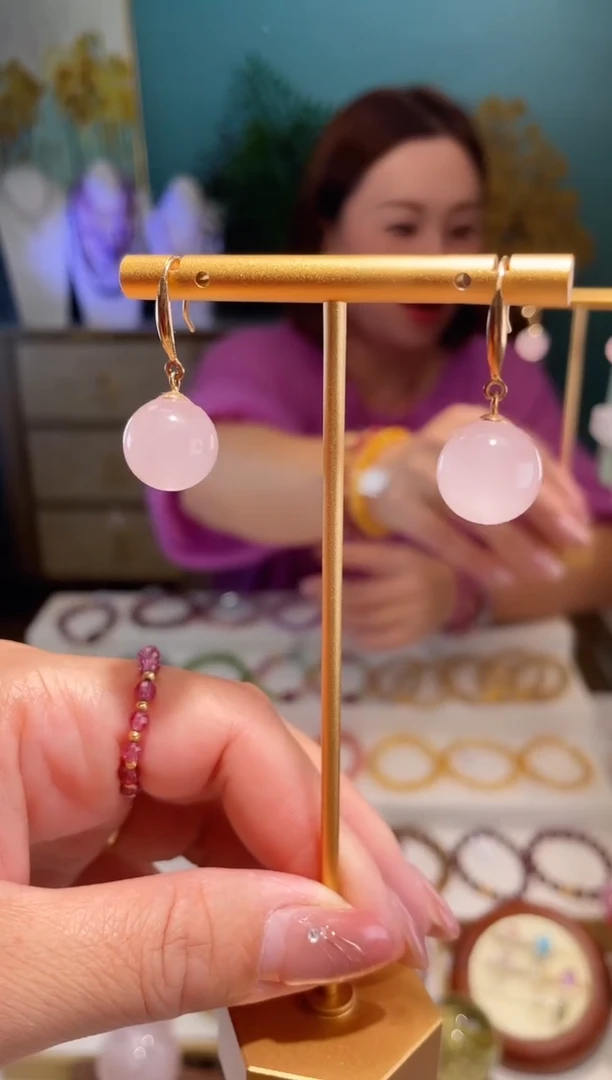 银S925镶嵌耳饰水晶粉水晶耳环