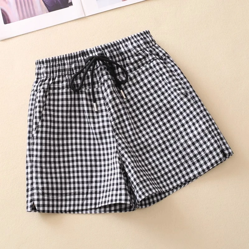 格纹短裤女2025夏季薄款新款松紧高腰开叉宽松显瘦系带休闲阔腿裤
