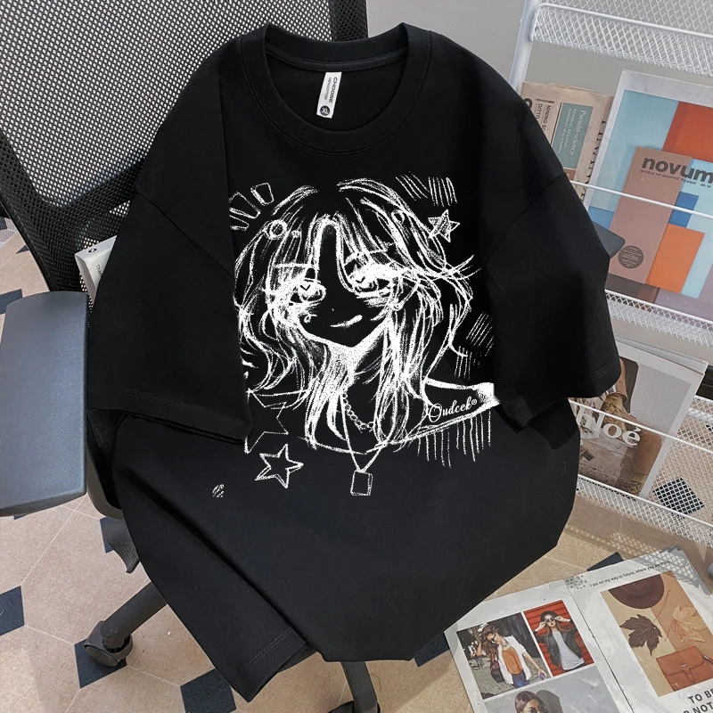 100%重磅纯棉短袖T恤男女同款涂鸦卡通印花流行宽松夏季半袖上衣.