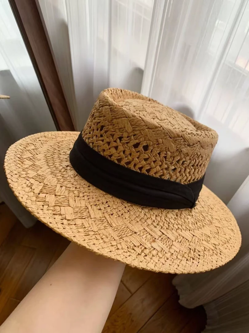 硬纸草镂空棉麻织带草编帽女夏季出游旅行防紫外线平顶草帽遮阳帽