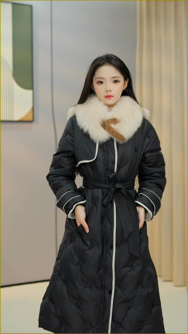 杭州正品QX252809女士冬季中长款90白鸭绒羽绒服外套大毛领