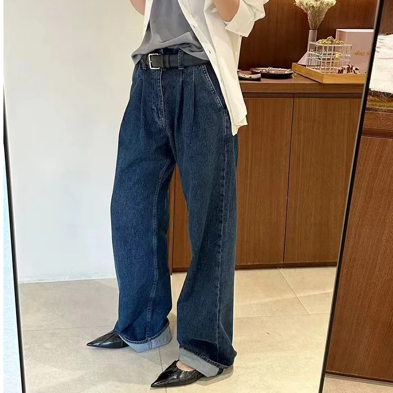 宝丫轻奢  女式复古时髦宽松褶皱直筒牛仔裤B9663