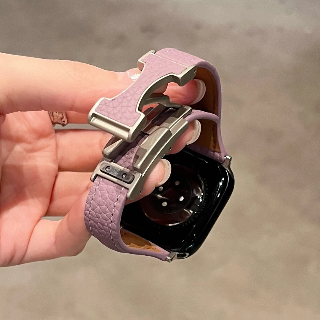 小蛮腰双C荔枝纹皮磁吸扣适用apple watchS11苹果手表带iwatch987