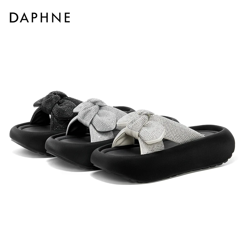 达芙妮厚底蝴蝶结凉鞋2025夏季新款外穿百搭时尚水钻潮流一字拖鞋