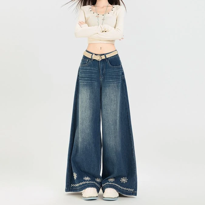 复古高腰刺绣阔腿牛仔裤女夏季新款宽松遮肉垂感直筒拖地大脚裤子