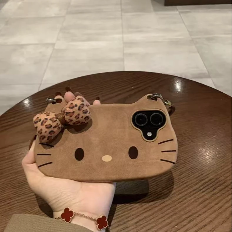 简约卡其kt猫豹纹蝴蝶结包包适用苹果17pro手机壳iPhone16pro新15