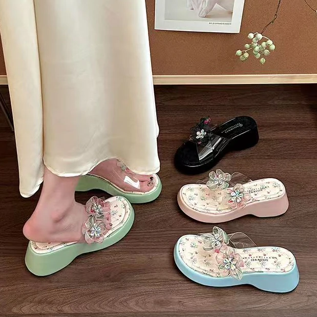 OJRZ粗跟凉拖鞋2025夏季厚底一字带拖鞋仙女风半拖配裙子高跟凉鞋