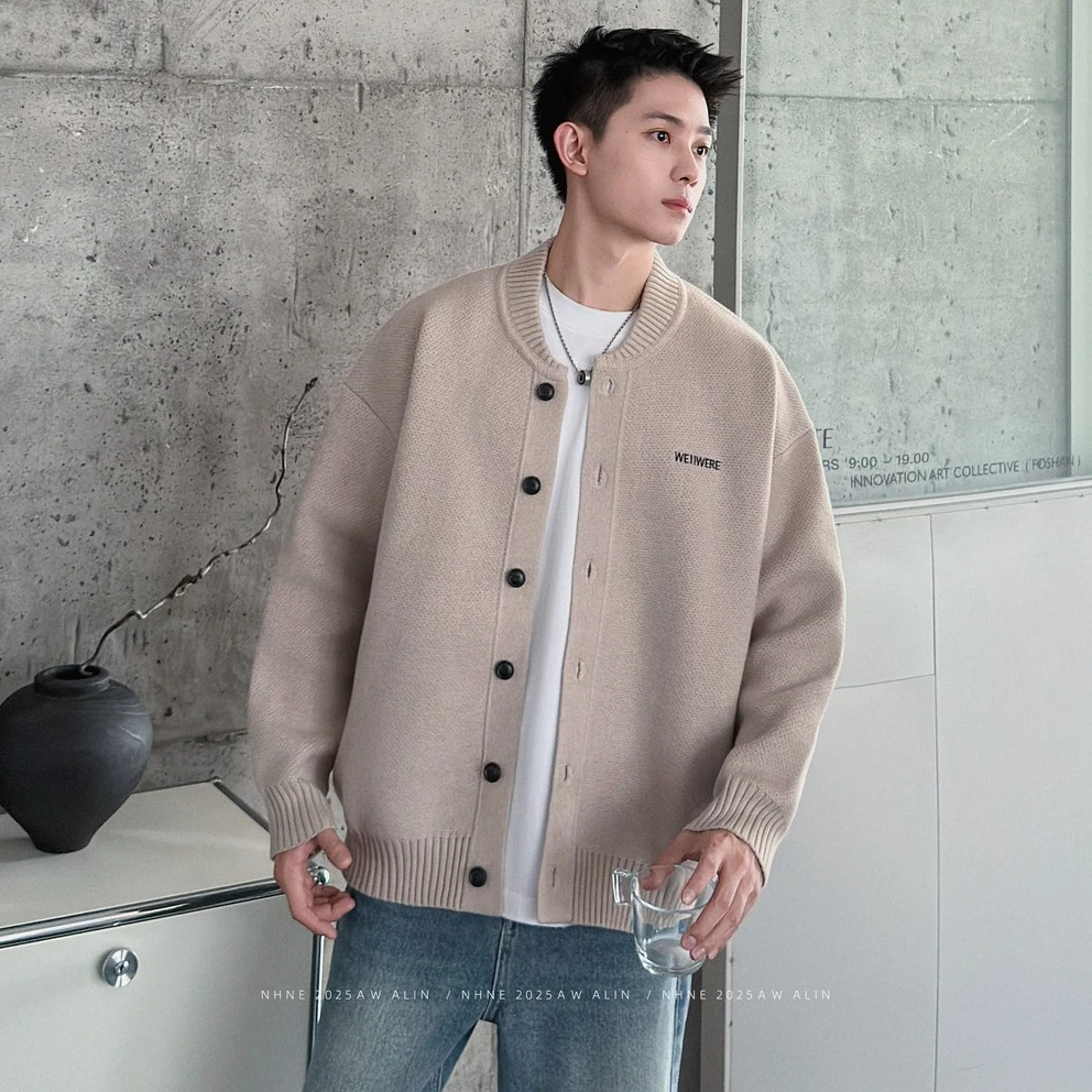 【阿霖ALIN】韩版刺绣字母棒球领针织开衫秋冬宽松潮流百搭毛衣外套