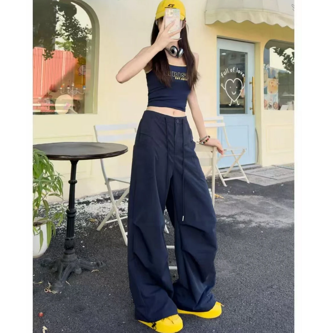 (藏青色工装裤）美式辣妹高腰宽松