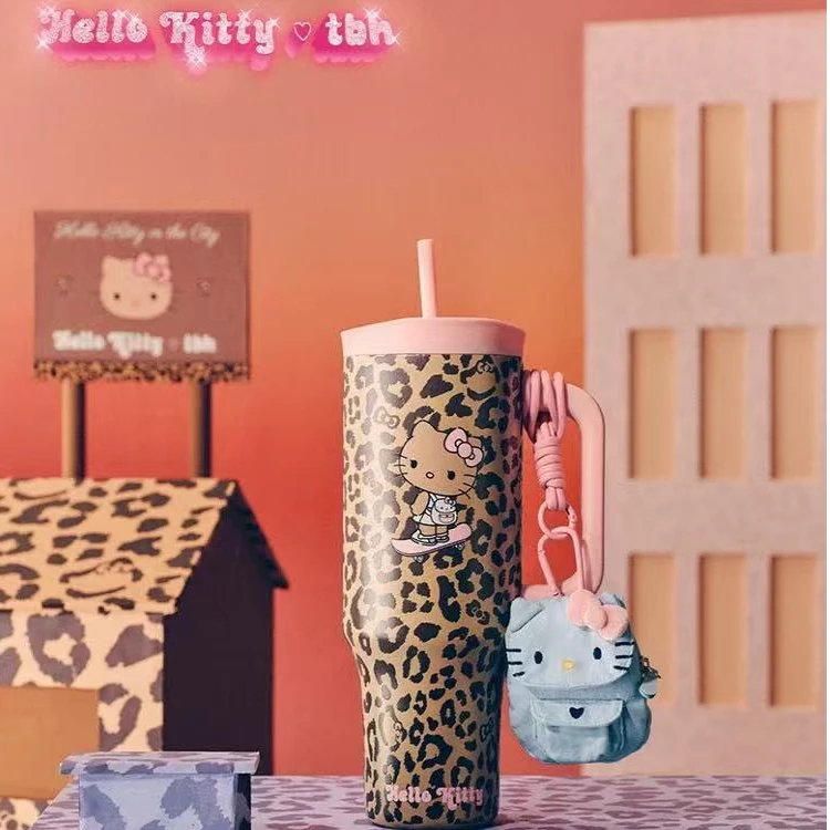 tbh野兽派家居黑皮Hello Kitty巨无霸保温吸管杯不锈钢保冷水杯
